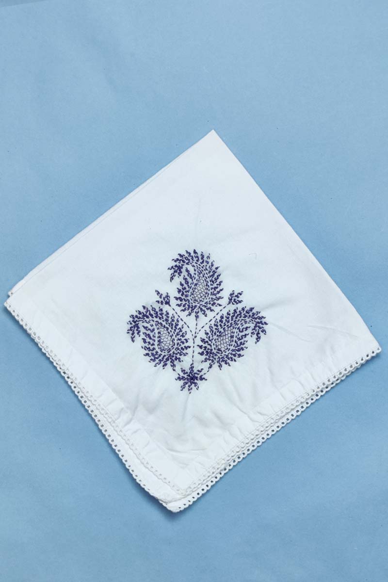 Hand Embroidered Tepchi Work White Cotton Lucknowi Chikan Tea Napkin (Set of 5 pcs)